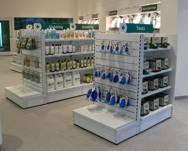 Gondola shop shelving in beauty products store