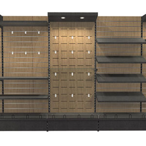 Ox slatwall gondola along retail shelving wall