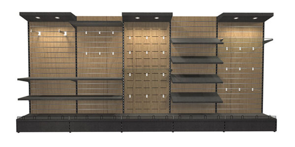 Ox slatwall gondola along retail shelving wall