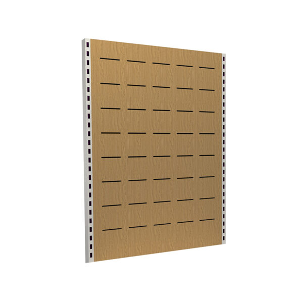 Light woodgrain slotted wall gondola Shelving back panel